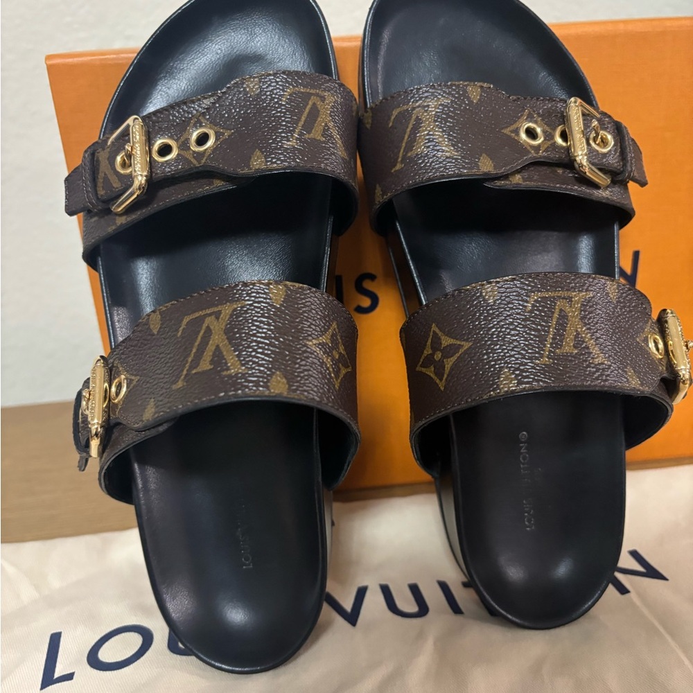 Original Louis Vuitton Bom Dia Flat Mule 1A3R5M Monogram Brown Sandals Size 38 - Picture 2 of 14